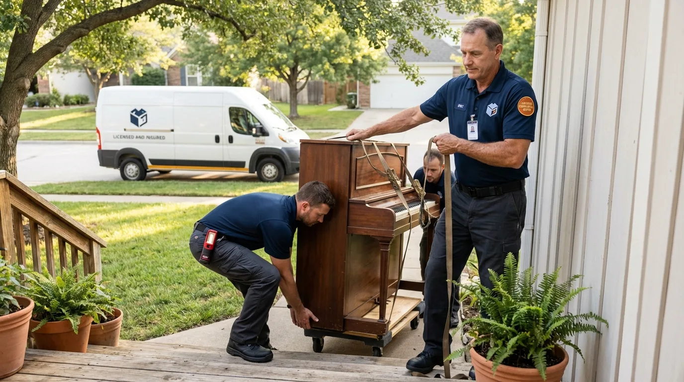 Licensed piano movers securing grand piano in Ville Platte, LA