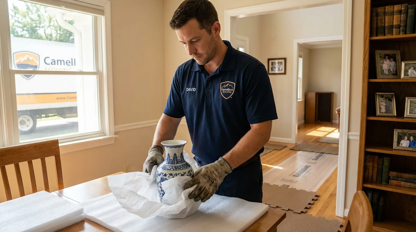 Professional crew carefully wrapping antique vase for senior downsizing move in Ville Platte, LA